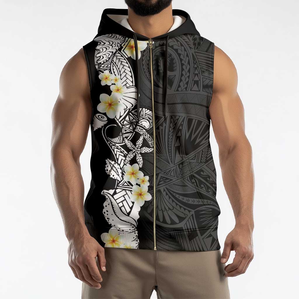 Black Samoa Tattoo Sleeveless Zip Hoodie Plumeria Samoan Ocean Tatau Pattern - Polynesian Pride