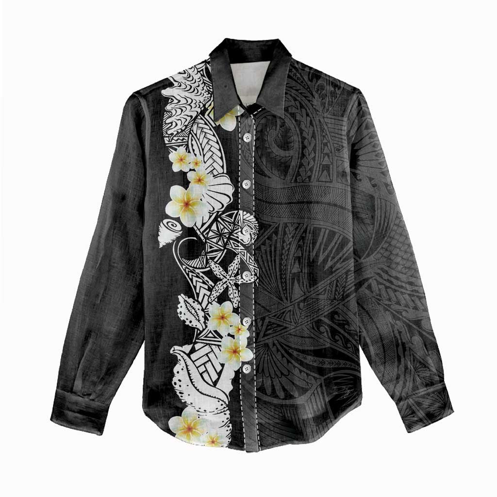 Black Samoa Tattoo Women Casual Shirt Plumeria Samoan Ocean Tatau Pattern - Polynesian Pride