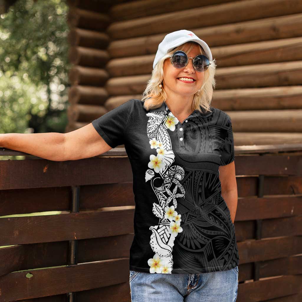 Black Samoa Tattoo Women Polo Shirt Plumeria Samoan Ocean Tatau Pattern - Polynesian Pride