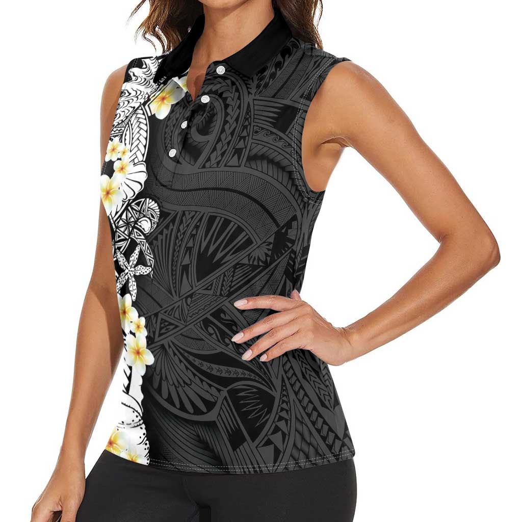 Black Samoa Tattoo Women Sleeveless Polo Shirt Plumeria Samoan Ocean Tatau Pattern - Polynesian Pride