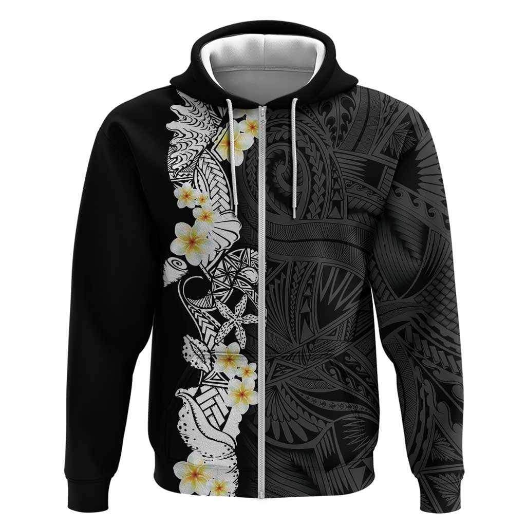 Black Samoa Tattoo Zip Hoodie Plumeria Samoan Ocean Tatau Pattern - Polynesian Pride