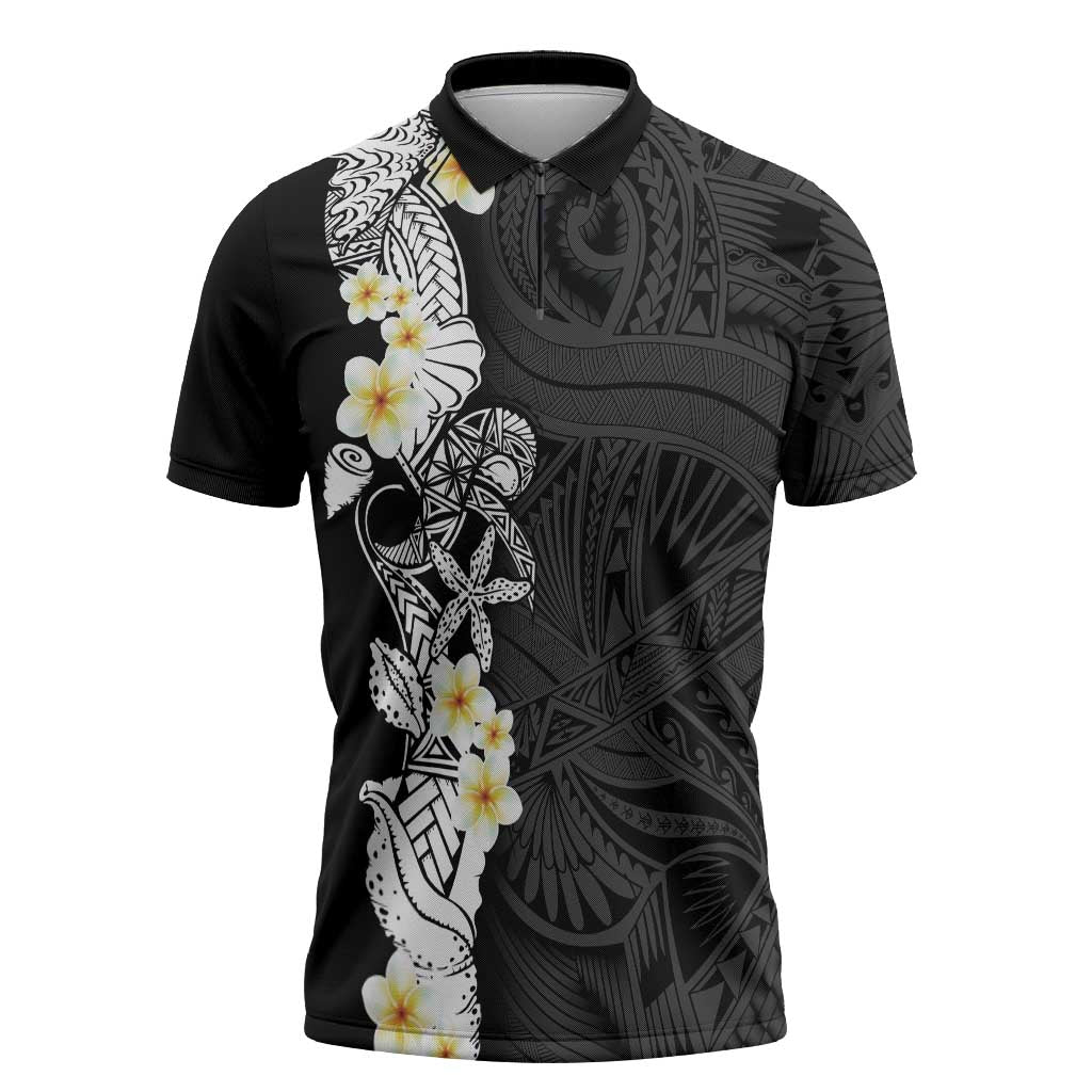 Black Samoa Tattoo Zipper Polo Shirt Plumeria Samoan Ocean Tatau Pattern - Polynesian Pride