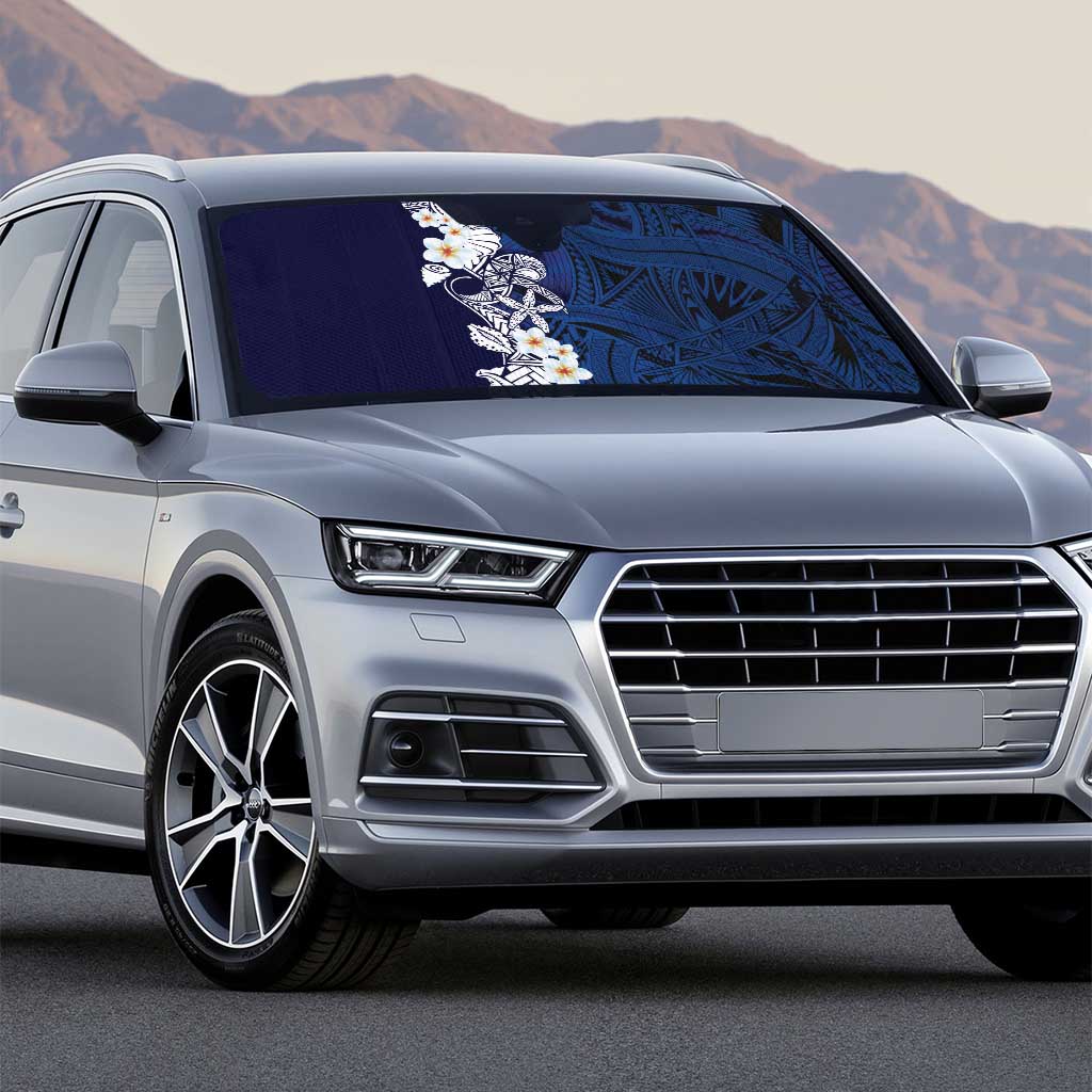 Blue Samoa Tattoo Auto Sun Shade Plumeria Samoan Ocean Tatau Pattern - Polynesian Pride