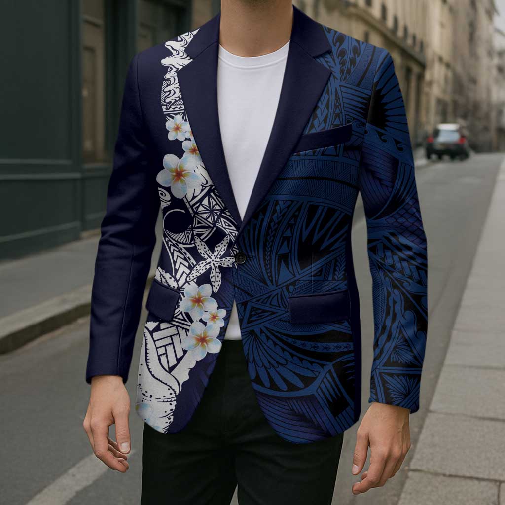 Blue Samoa Tattoo Blazer Plumeria Samoan Ocean Tatau Pattern - Polynesian Pride