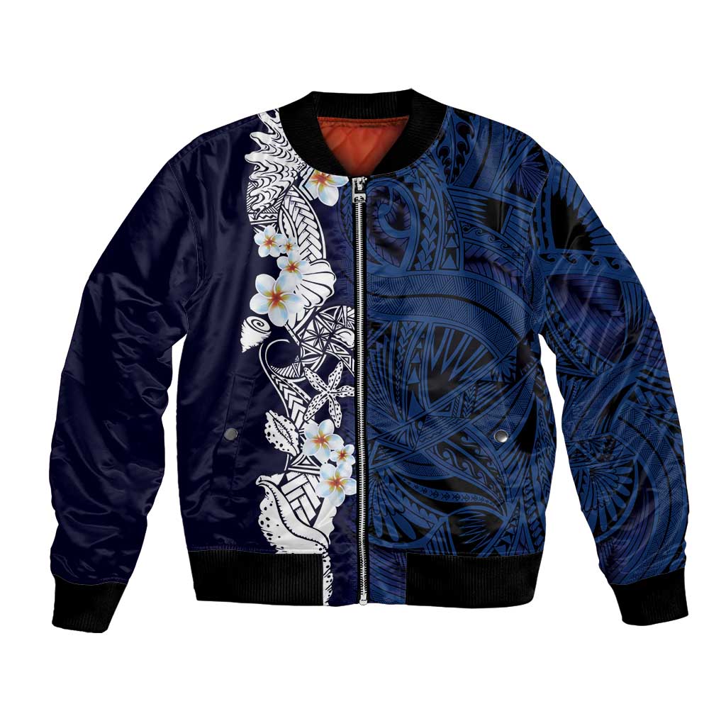 Blue Samoa Tattoo Bomber Jacket Plumeria Samoan Ocean Tatau Pattern - Polynesian Pride