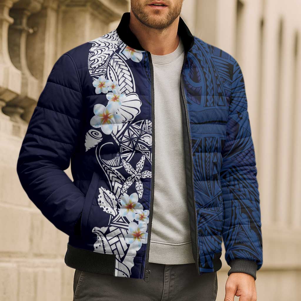 Blue Samoa Tattoo Bomber Puffer Jacket Plumeria Samoan Ocean Tatau Pattern - Polynesian Pride