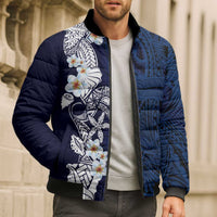 Blue Samoa Tattoo Bomber Puffer Jacket Plumeria Samoan Ocean Tatau Pattern - Polynesian Pride