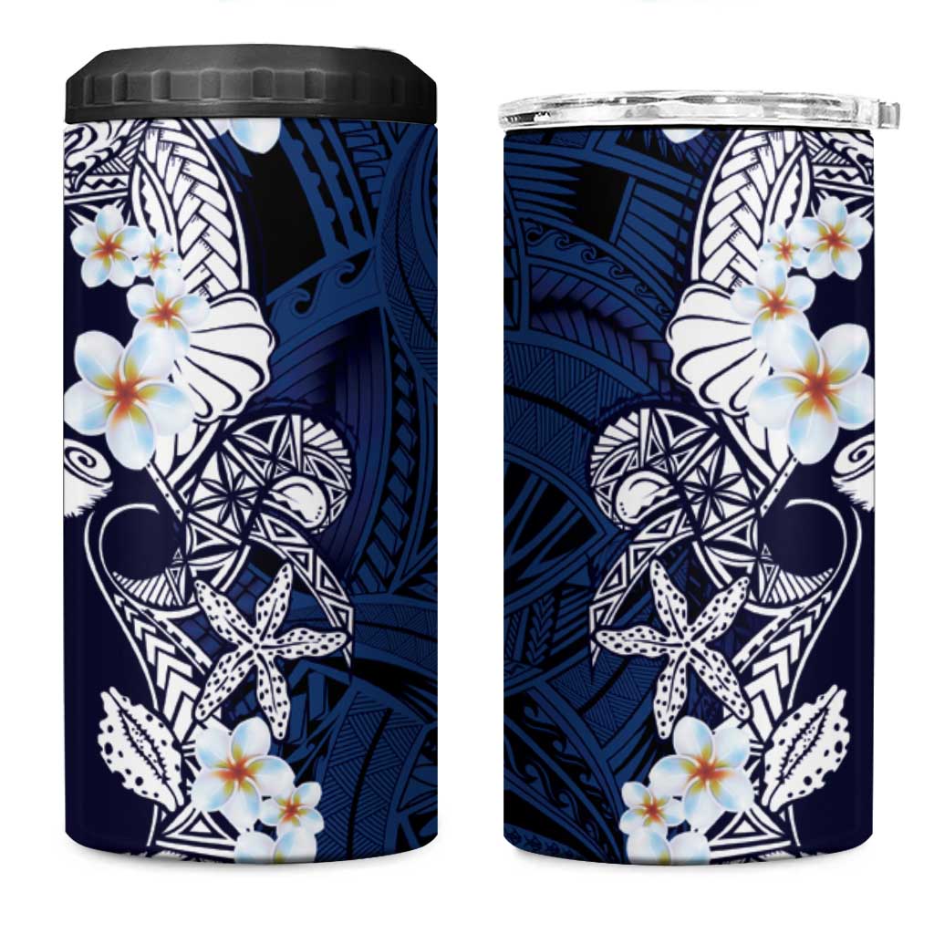 Blue Samoa Tattoo 4 in 1 Can Cooler Tumbler Plumeria Samoan Ocean Tatau Pattern - Polynesian Pride