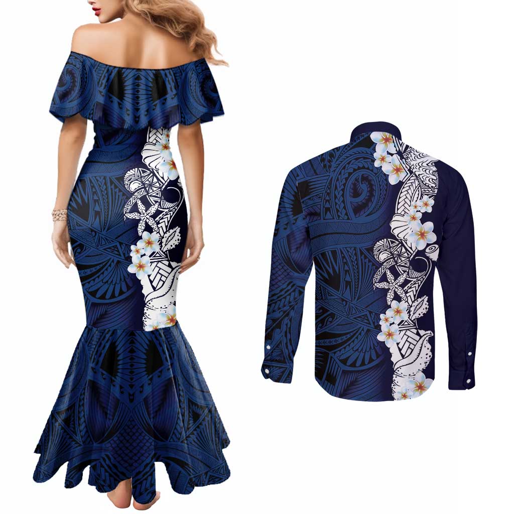 Blue Samoa Tattoo Couples Matching Mermaid Dress and Long Sleeve Button Shirt Plumeria Samoan Ocean Tatau Pattern - Polynesian Pride