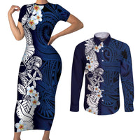 Blue Samoa Tattoo Couples Matching Short Sleeve Bodycon Dress and Long Sleeve Button Shirt Plumeria Samoan Ocean Tatau Pattern - Polynesian Pride
