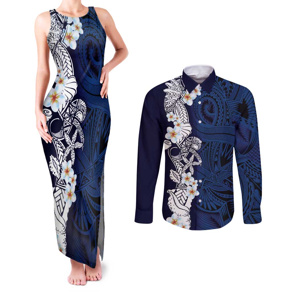Blue Samoa Tattoo Couples Matching Tank Maxi Dress and Long Sleeve Button Shirt Plumeria Samoan Ocean Tatau Pattern - Polynesian Pride