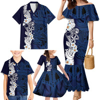 Blue Samoa Tattoo Family Matching Mermaid Dress and Hawaiian Shirt Plumeria Samoan Ocean Tatau Pattern - Polynesian Pride