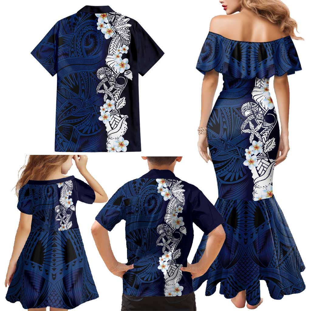 Blue Samoa Tattoo Family Matching Mermaid Dress and Hawaiian Shirt Plumeria Samoan Ocean Tatau Pattern - Polynesian Pride