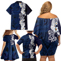 Blue Samoa Tattoo Family Matching Off Shoulder Short Dress and Hawaiian Shirt Plumeria Samoan Ocean Tatau Pattern - Polynesian Pride