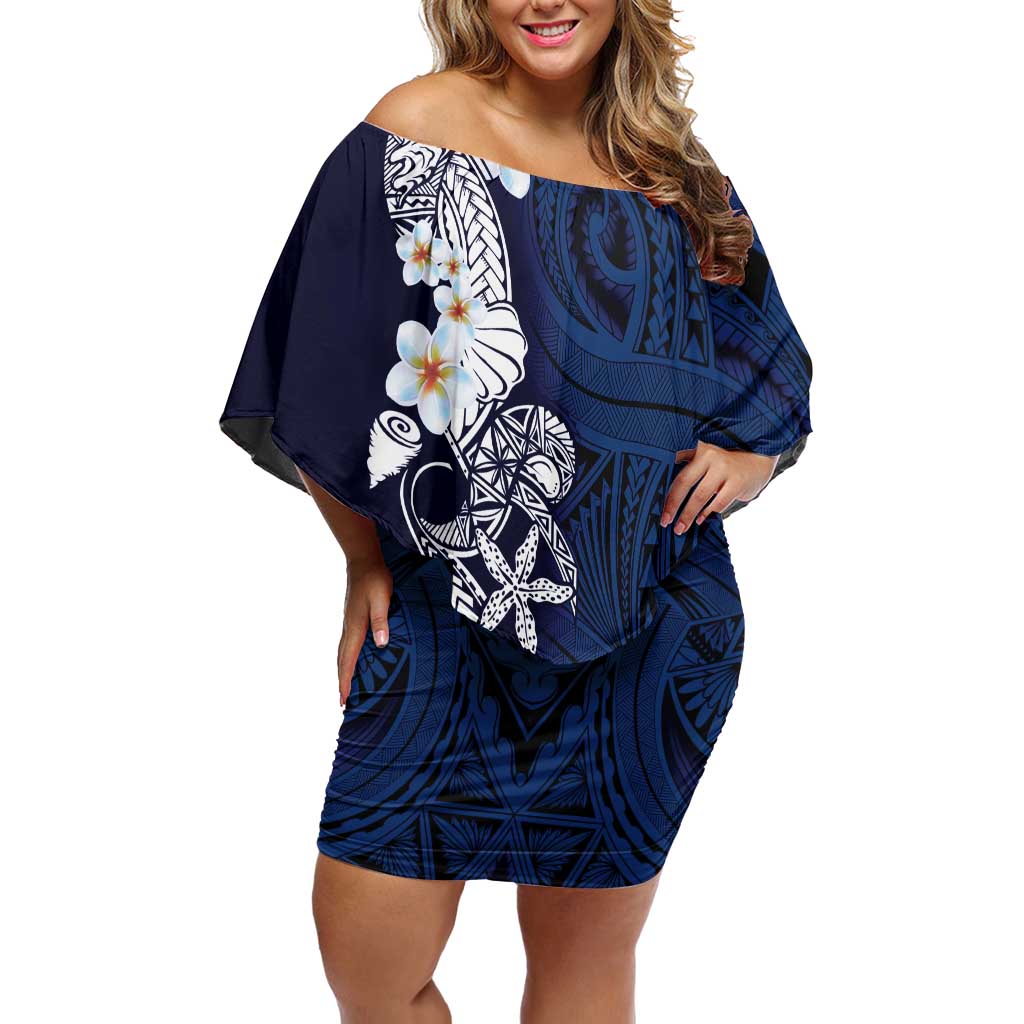 Blue Samoa Tattoo Family Matching Off Shoulder Short Dress and Hawaiian Shirt Plumeria Samoan Ocean Tatau Pattern - Polynesian Pride