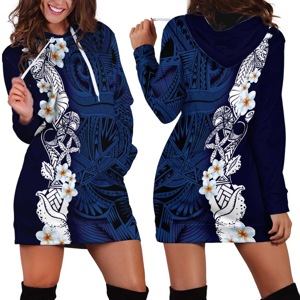 Blue Samoa Tattoo Hoodie Dress Plumeria Samoan Ocean Tatau Pattern - Polynesian Pride