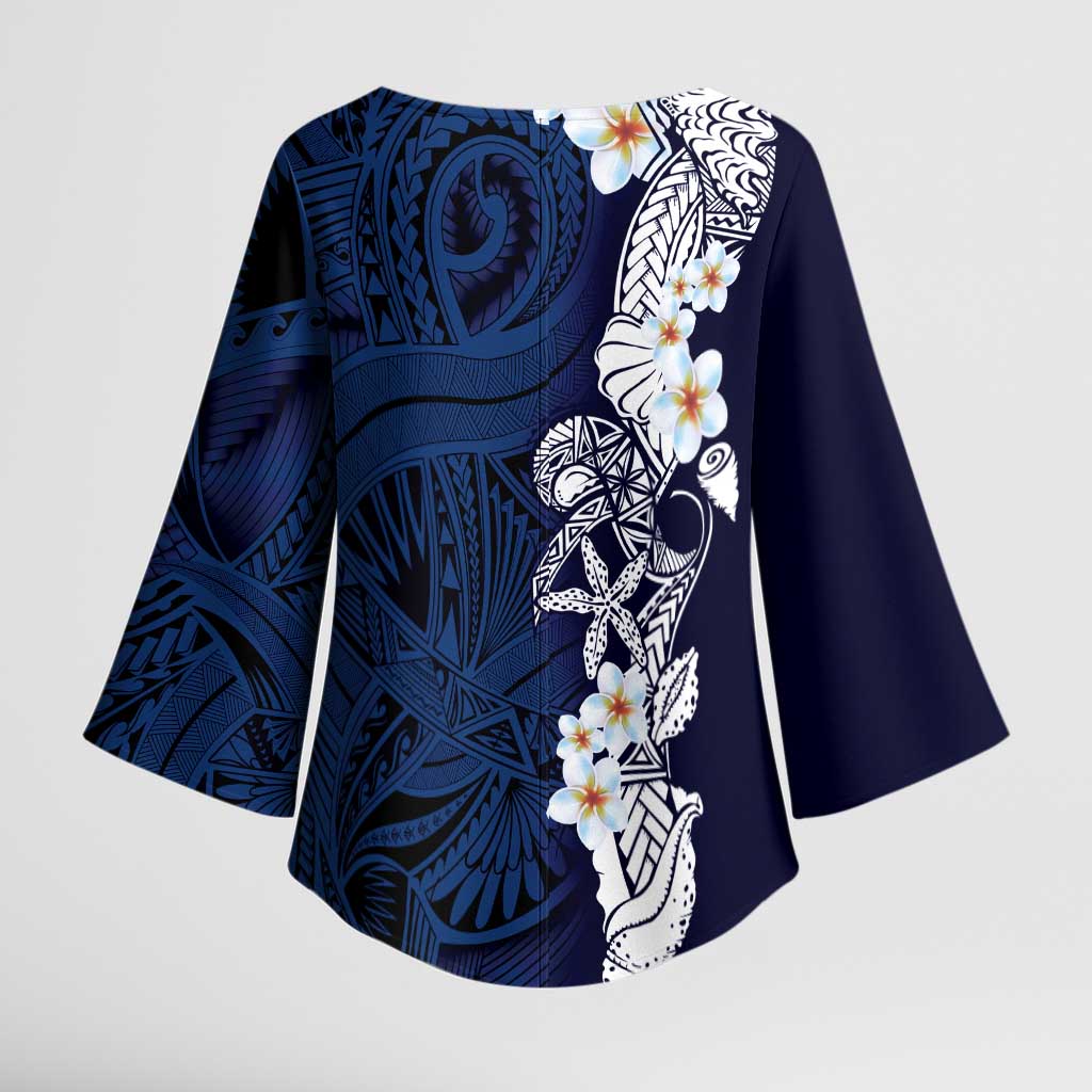 Blue Samoa Tattoo Kimono Sleeve Blouse Plumeria Samoan Ocean Tatau Pattern - Polynesian Pride