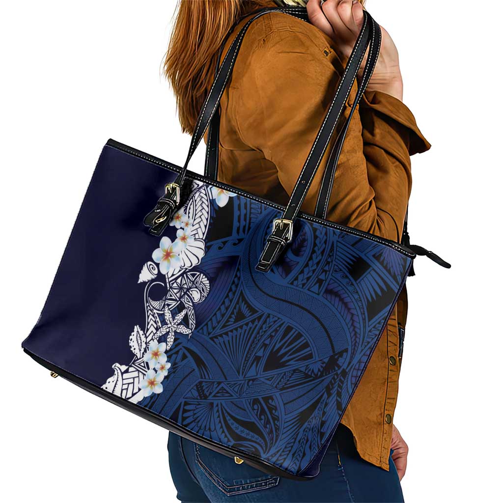 Blue Samoa Tattoo Leather Tote Bag Plumeria Samoan Ocean Tatau Pattern - Polynesian Pride
