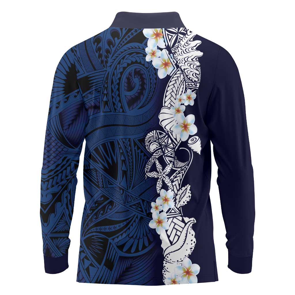 Blue Samoa Tattoo Long Sleeve Polo Shirt Plumeria Samoan Ocean Tatau Pattern - Polynesian Pride