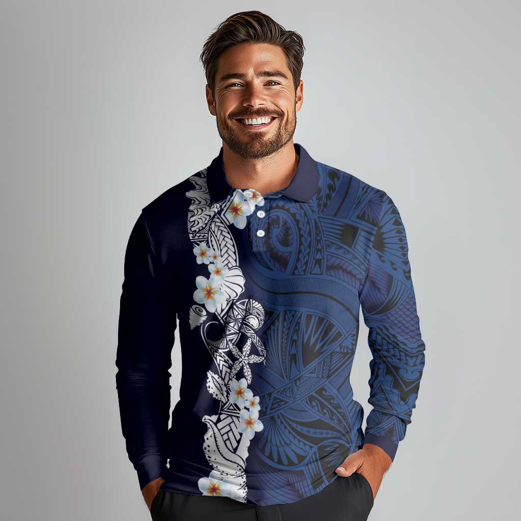 Blue Samoa Tattoo Long Sleeve Polo Shirt Plumeria Samoan Ocean Tatau Pattern - Polynesian Pride