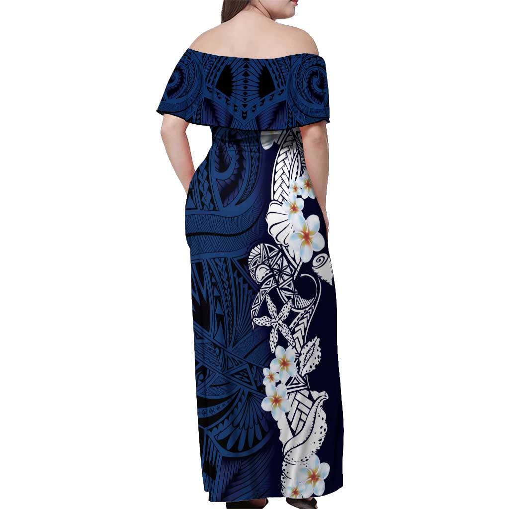 Blue Samoa Tattoo Off Shoulder Maxi Dress Plumeria Samoan Ocean Tatau Pattern - Polynesian Pride