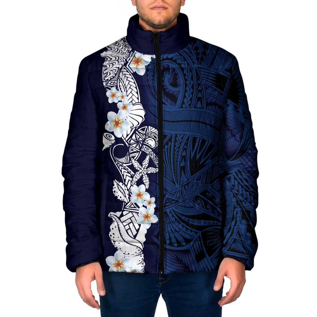 Blue Samoa Tattoo Padded Jacket Plumeria Samoan Ocean Tatau Pattern - Polynesian Pride