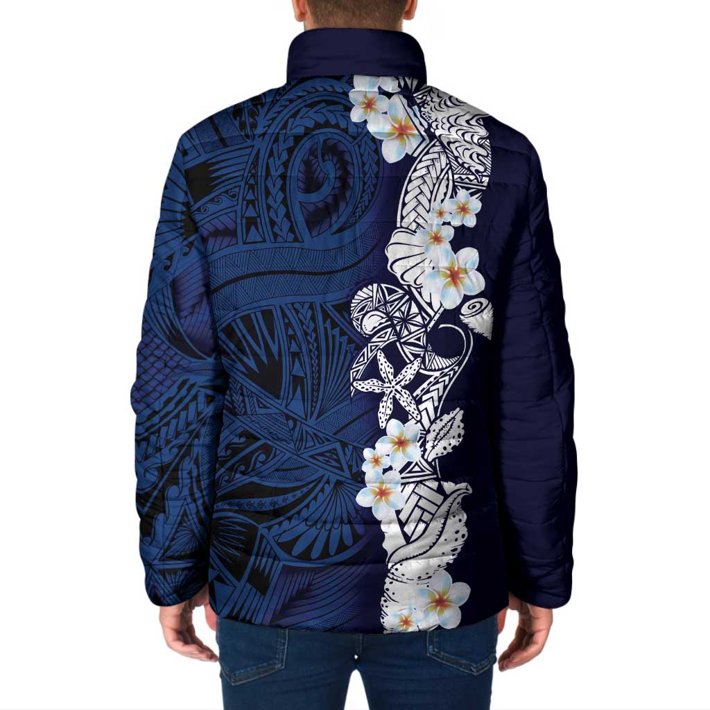 Blue Samoa Tattoo Padded Jacket Plumeria Samoan Ocean Tatau Pattern - Polynesian Pride