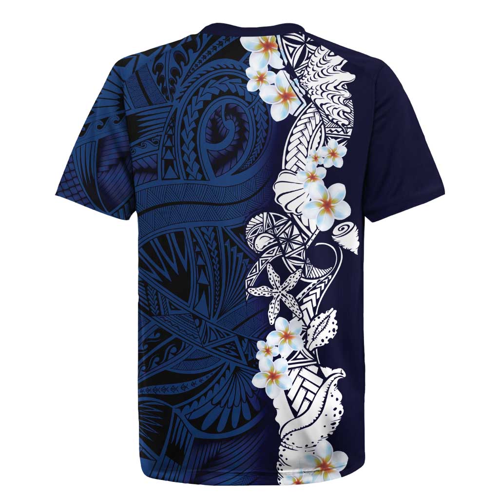 Blue Samoa Tattoo Rugby Jersey Plumeria Samoan Ocean Tatau Pattern - Polynesian Pride