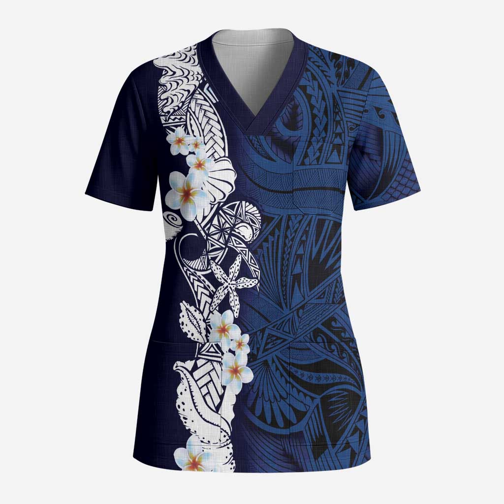 Blue Samoa Tattoo Scrub Top Plumeria Samoan Ocean Tatau Pattern - Polynesian Pride