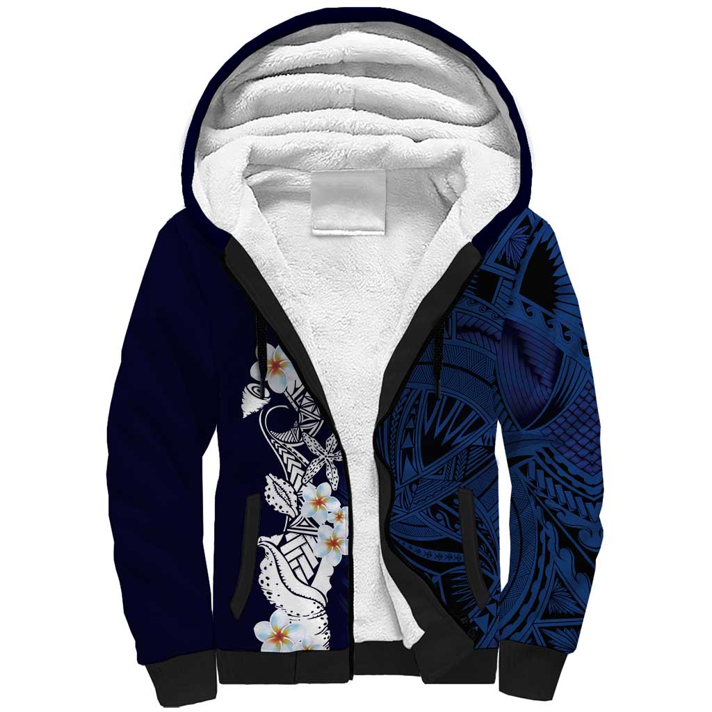 Blue Samoa Tattoo Sherpa Hoodie Plumeria Samoan Ocean Tatau Pattern - Polynesian Pride