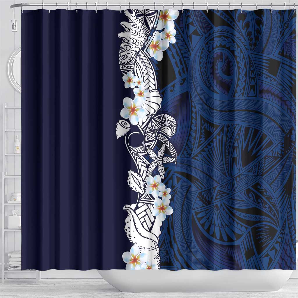 Blue Samoa Tattoo Shower Curtain Plumeria Samoan Ocean Tatau Pattern - Polynesian Pride