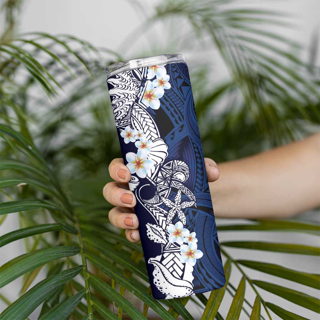 Blue Samoa Tattoo Skinny Tumbler Plumeria Samoan Ocean Tatau Pattern - Polynesian Pride