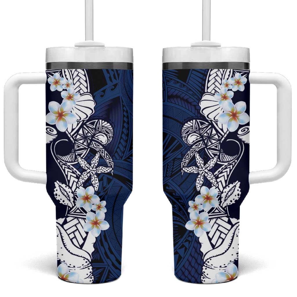Blue Samoa Tattoo Tumbler With Handle Plumeria Samoan Ocean Tatau Pattern - Polynesian Pride