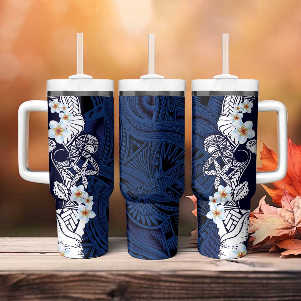 Blue Samoa Tattoo Tumbler With Handle Plumeria Samoan Ocean Tatau Pattern - Polynesian Pride