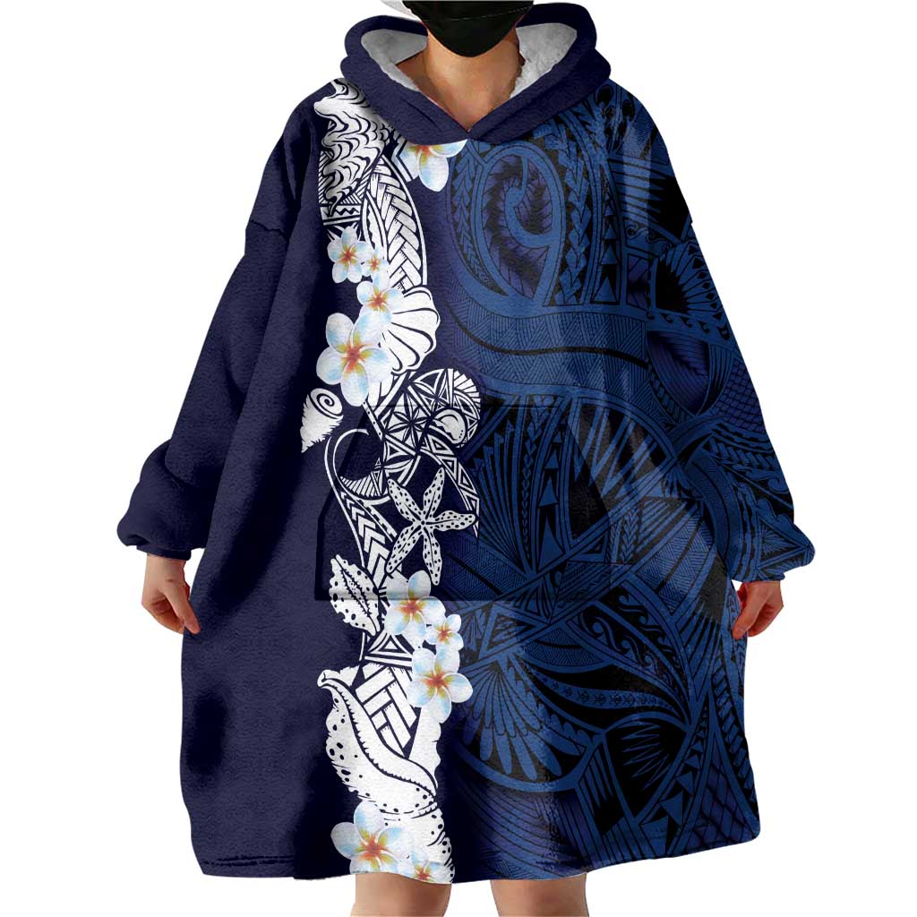 Blue Samoa Tattoo Wearable Blanket Hoodie Plumeria Samoan Ocean Tatau Pattern - Polynesian Pride