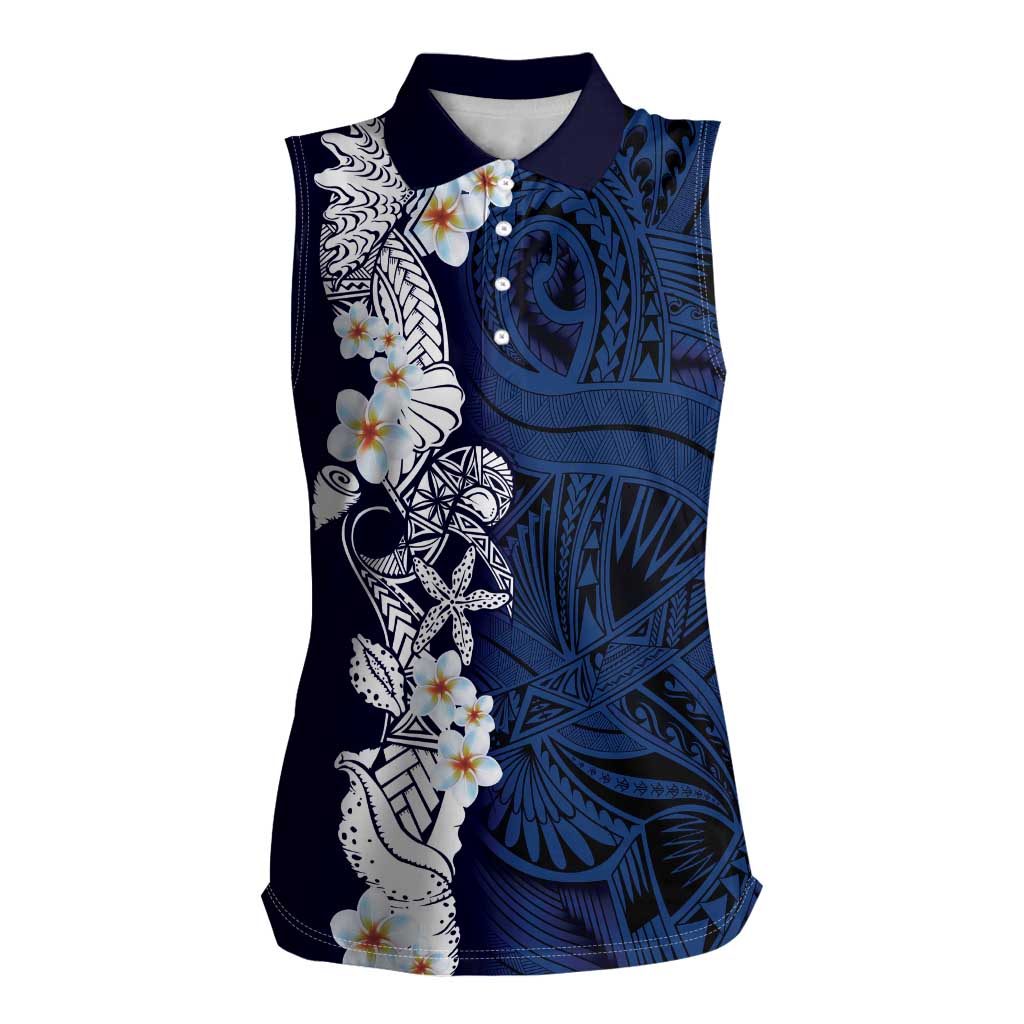 Blue Samoa Tattoo Women Sleeveless Polo Shirt Plumeria Samoan Ocean Tatau Pattern - Polynesian Pride
