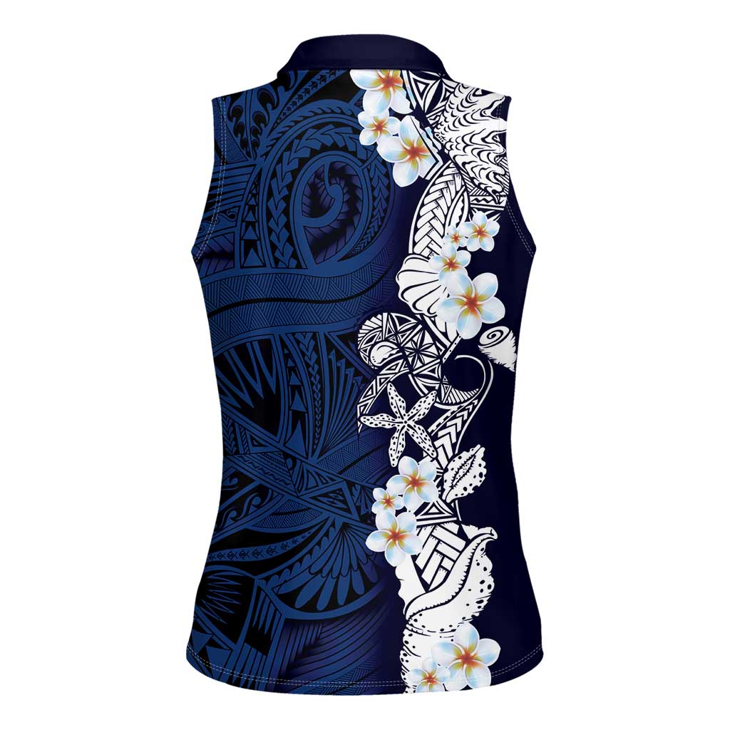 Blue Samoa Tattoo Women Sleeveless Polo Shirt Plumeria Samoan Ocean Tatau Pattern - Polynesian Pride