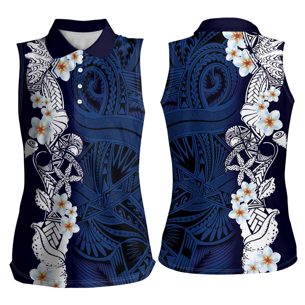 Blue Samoa Tattoo Women Sleeveless Polo Shirt Plumeria Samoan Ocean Tatau Pattern - Polynesian Pride