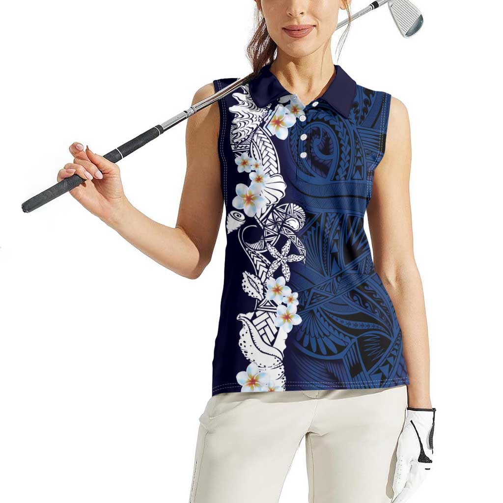 Blue Samoa Tattoo Women Sleeveless Polo Shirt Plumeria Samoan Ocean Tatau Pattern - Polynesian Pride