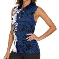 Blue Samoa Tattoo Women Sleeveless Polo Shirt Plumeria Samoan Ocean Tatau Pattern - Polynesian Pride