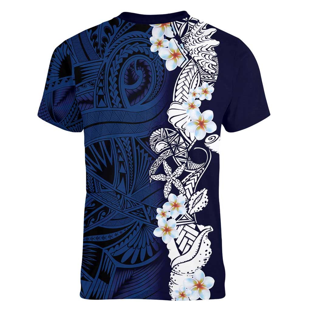 Blue Samoa Tattoo Women V-Neck T-Shirt Plumeria Samoan Ocean Tatau Pattern - Polynesian Pride