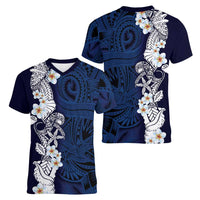 Blue Samoa Tattoo Women V-Neck T-Shirt Plumeria Samoan Ocean Tatau Pattern - Polynesian Pride
