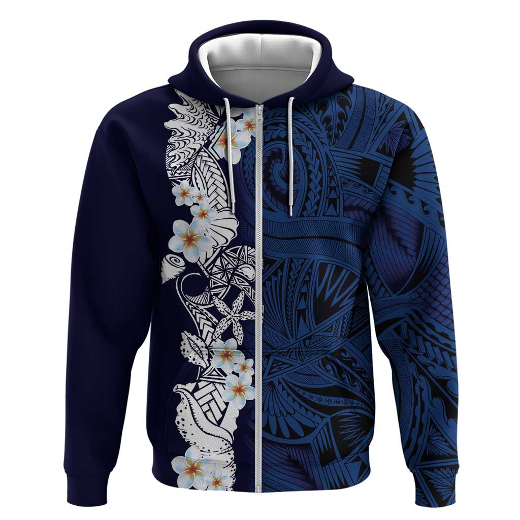 Blue Samoa Tattoo Zip Hoodie Plumeria Samoan Ocean Tatau Pattern - Polynesian Pride