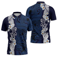 Blue Samoa Tattoo Zipper Polo Shirt Plumeria Samoan Ocean Tatau Pattern - Polynesian Pride