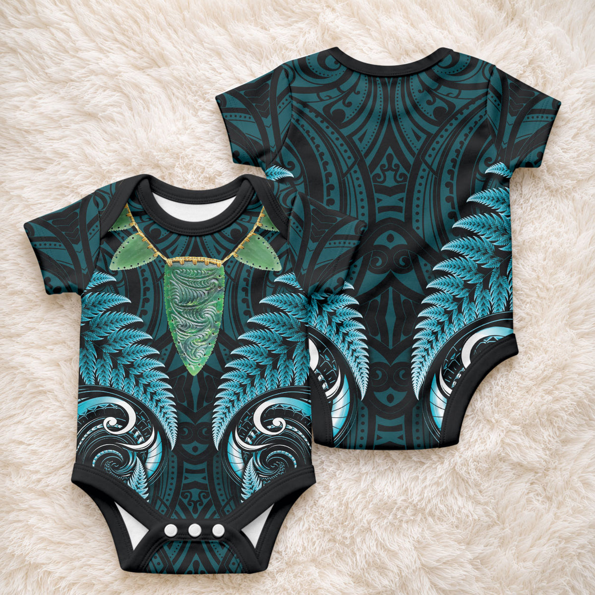 Aotearoa Pounamu Niho Baby Onesie Silver Fern Mix Maori Pattern - Turquoise LT14 - Polynesian Pride