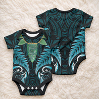 Aotearoa Pounamu Niho Baby Onesie Silver Fern Mix Maori Pattern - Turquoise LT14 - Polynesian Pride