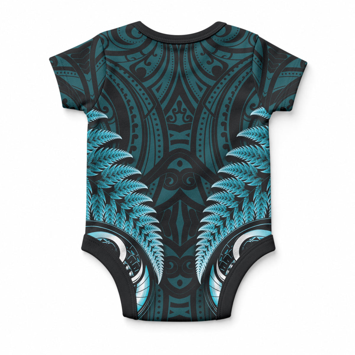 Aotearoa Pounamu Niho Baby Onesie Silver Fern Mix Maori Pattern - Turquoise LT14 - Polynesian Pride