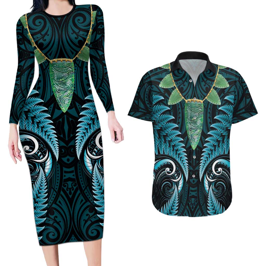 Aotearoa Pounamu Niho Couples Matching Long Sleeve Bodycon Dress and Hawaiian Shirt Silver Fern Mix Maori Pattern - Turquoise