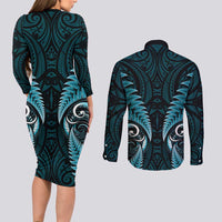 Aotearoa Pounamu Niho Couples Matching Long Sleeve Bodycon Dress and Long Sleeve Button Shirt Silver Fern Mix Maori Pattern - Turquoise