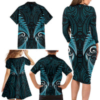 Aotearoa Pounamu Niho Family Matching Long Sleeve Bodycon Dress and Hawaiian Shirt Silver Fern Mix Maori Pattern - Turquoise LT14 - Polynesian Pride